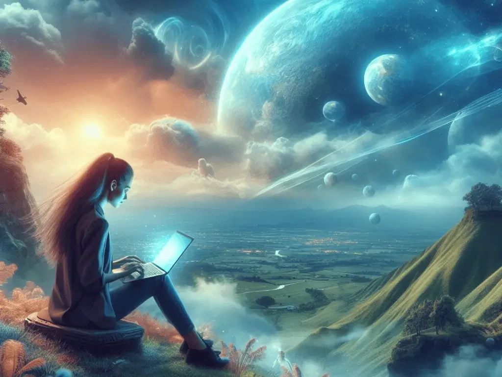 Woman with laptop in fantasy world